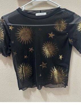 12th Tribe Black Sheer Sun & Star Print Top